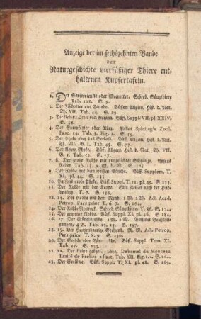 Anzeige der im sechszehnten Bande der Naturgeschichte vierfüßiger Thiere enthaltenen Kupfertafeln