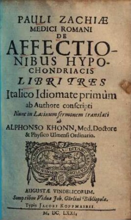 Pauli Zachiae De affectionibus hypochondriacis : libri 3
