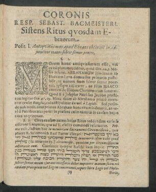 Coronis Resp. Sebast. Bacmeisteri. Sistens Ritus quosdam Ebraeorum.