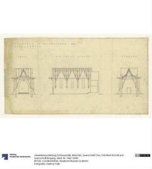 Gewerbeausstellung Dombauhütte, München, Querschnitt Chor, Ost-West-Schnitt und Querschnitt Eingang