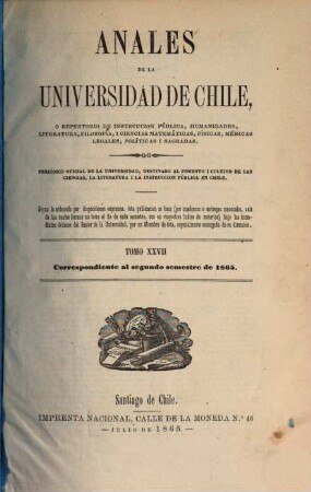 Anales de la Universidad de Chile : memorias científicas y literarias. 27. 1865