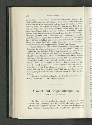 Alkohol und Eingeborenenpolitik. Von H. Prehn- v. Dewitz.