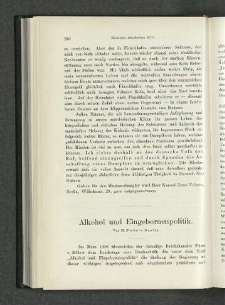 Alkohol und Eingeborenenpolitik. Von H. Prehn- v. Dewitz.