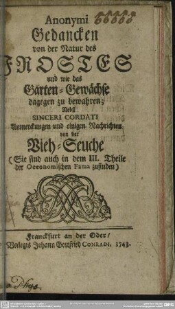 Anonymi Gedancken von der Natur des Frostes und wie das Garten-Gewächse dagegen zu bewahren
