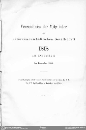 Verzeichnis der Mitglieder der naturwissenschaftlichen Gesellschaft ISIS in Dresden im December 1894