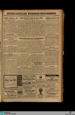 Straßburger neueste Nachrichten : amtliche Tageszeitung und Regierungsanzeiger für das deutsche Elsass ; [...] ; Bezirksausgabe Nord : Hagenau, Weißenburg, Bezirksausgabe Hagenau-Weissenburg