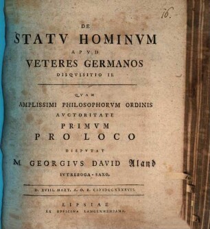 De Statv Hominvm Apvd Veteres Germanos Disqvisitio ..., 2