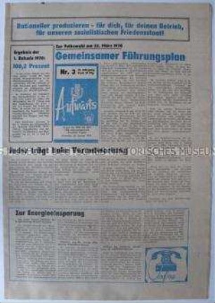 Betriebszeitung des VEB Chemiefaserwerk "Friedrich Engels" Premnitz u.a. zur bevorstehenden Volkskammerwahl