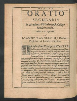 Oratio Secularis ... A Ioanne Zangero