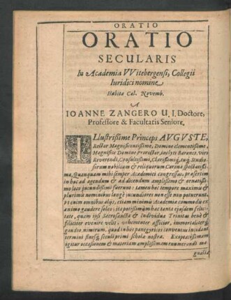 Oratio Secularis ... A Ioanne Zangero