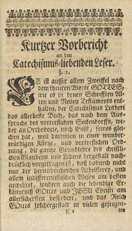 Kurtzer Vorbericht an den Catechismus-liebenden Leser