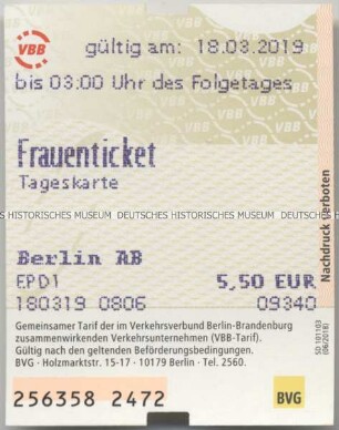 Fahrkarte der Berliner Verkehrsbetriebe mit besonderem Tarif für Frauen anlässlich des Equal Pay Day