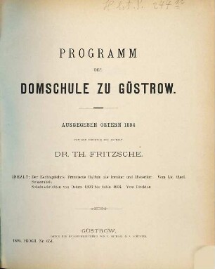Programm der Domschule zu Güstrow : ausgegeben Ostern ... 1893/94