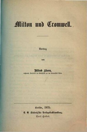 Milton und Cromwell : Vortrag