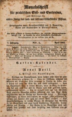 Monatsschrift für praktischen Obst- und Gartenbau nebst Mittheilungen über andere Zweige des land- und volkswirtschaftlichen Wissens. 1. 1866, Nr. 1 - 9