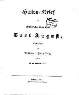 Hirtenbrief. 1851, 21. Febr.