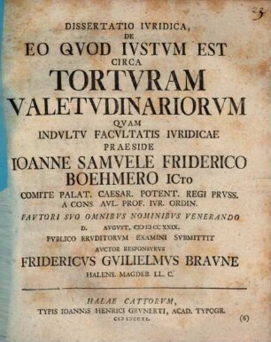 Diss. iur. de eo quod iustum est circa torturam valetudinariorum