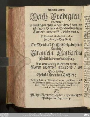 Anhang dreyer Leich-Predigten/ Die erste: