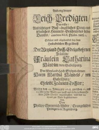 Anhang dreyer Leich-Predigten/ Die erste: