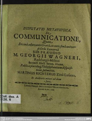 Disputatio metaphysica de communicatione
