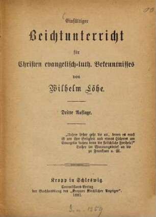 Einfältiger Beichtunterricht für Christen evangelisch-luth. Bekenntnisses