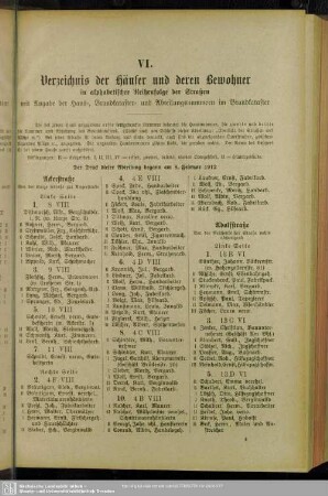 VI. Häuserbuch : VI. Verzeichnis der Häuser und derer Bewohner in alphabetischer Reihenfolge der Straßen