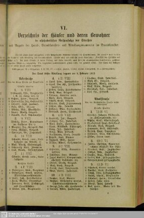 VI. Häuserbuch : VI. Verzeichnis der Häuser und derer Bewohner in alphabetischer Reihenfolge der Straßen