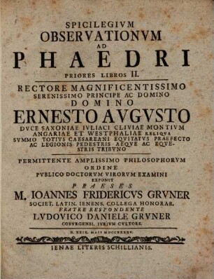 Spicilegium observationum ad Phaedri priores libros II.