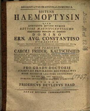 Dissertatio Inavgvralis Medica Sistens Haemoptysin