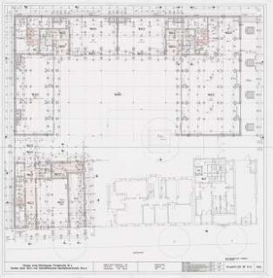 Engelhardt Hof, Berlin: Neubau Bauteile D, E, F (zweiflügeliger Gewerbebau) und G (Kopfbau mit Läden und Büros): Grundriss Erdgeschoss 1:50