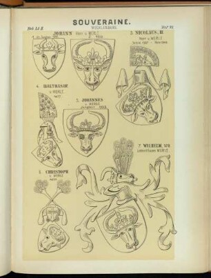 Taf. 95. Johann Herr v. Werle. 1. Als Jungherr 1310. - 2. 1312. - 3. - Nicolaus, III. Herr v. Werle Schild 1337 - Helm 1340. - 4. Balthasar v. Werle. 1417. - 5. Johannes v. Werle Jungherr 1333. - 6. Christoph v. Werle 1411. - 7. Wilhelm, 1418. Letzter d. Hauses Werle.