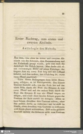 Erster Nachtrag, zum ersten und zweyten Abschnitt. Aetiologie des Hebels