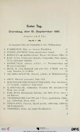 Erster Tag. Dienstag, den 15. September 1931. Beginn um 3 Uhr (Nr. 1-180)