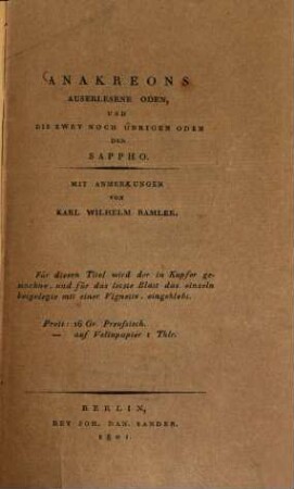 Anakreons auserlesene Oden und die zwey noch übrigen Oden der Sappho