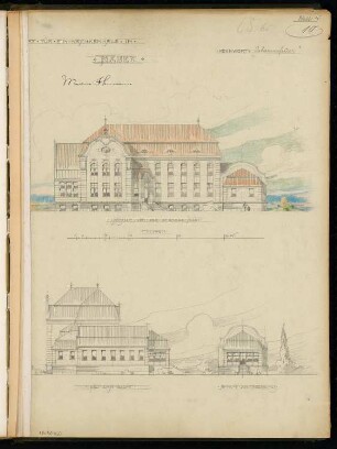Krankenhaus, Nauen Monatskonkurrenz November 1900: Aufriss Vordeansicht, Seitenansicht, Rückansicht 1:150; Maßstabsleiste