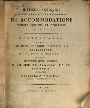 Historia Antiquior Sententiarum Ecclesiae Graecae De Accomodatione Christo Inprimis Et Apostolis Tributa : Dissertatio