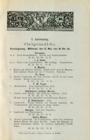 I. Auctionstag. Oelgemälde. Versteigerung: Mittwoch, den 12. Mai, von 10 Uhr ab