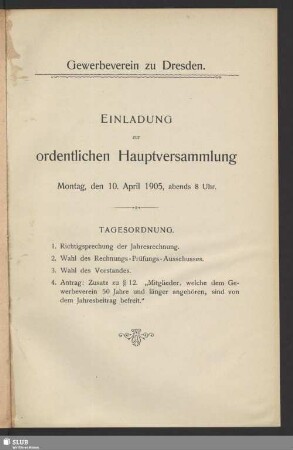 Einladung zur ordentlichen Hauptversammlung Montag, den 10. April 1905, abends 8 Uhr
