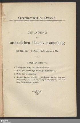 Einladung zur ordentlichen Hauptversammlung Montag, den 10. April 1905, abends 8 Uhr