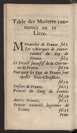 Table des Matieres contenuës en ce Livre.