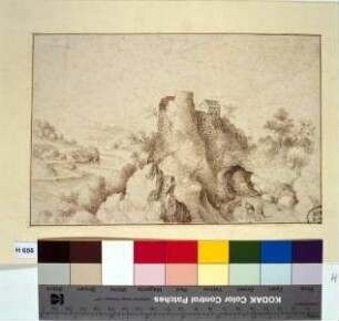 Berglandschaft mit Burgruine und Felsentor