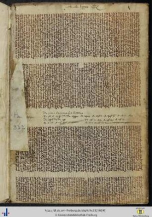 [Hinterer Spiegel] Fragment einer lateinischen Pergamenthandschrift des 14. Jhs. Zudem: Aufzählung einiger Titel des Liber Extra Gregors IX. (15. Jh).