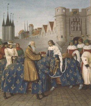 Grandes Chroniques de France — Treffen Karls V. und Karls IV. vor den Mauern von Paris, Folio 446