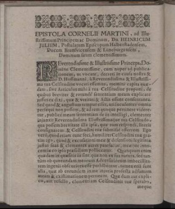 Epistola Cornelii Martini, ad Illustrissimum Principem ac Dominum, Dn. Heinricum Julium, Postulatum Episcopum Halberstadensem, ...