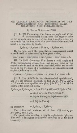 On certain analogous properties of the circumscribed and inscribed quadrilateral and pentahedron.