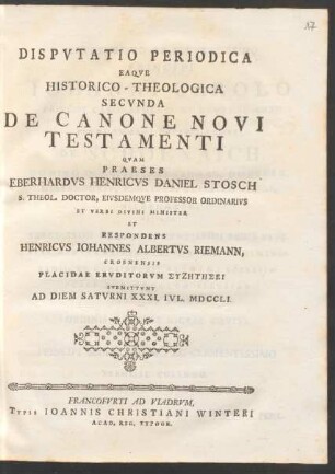 2: Disputatio Periodica Eaque Historico-Theologica ... De Canone Novi Testamenti