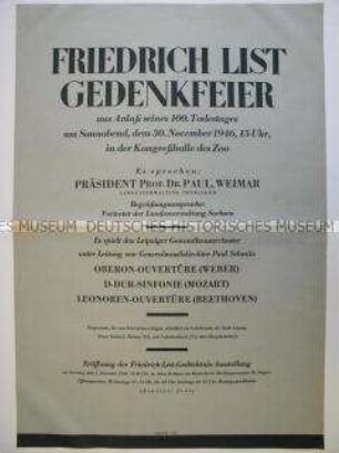Maueranschlag mit Programm für Friedrich List Gedenkfeier in Leipzig