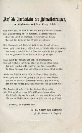 Auf die Zurückkehr der Heimathstruppen, im September, nach dem Krieg, 1866