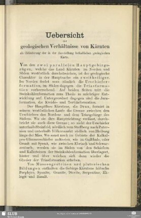 Uebersicht der geologischen Verhältnisse von Kärnten als Erläuterung der in der Ausstellung befindlichen geologischen Karte