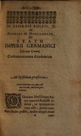Jo. Georgii Kulpis in Sev. de Monzambano de statu imperii Germanici librum commentationes academicae, 1